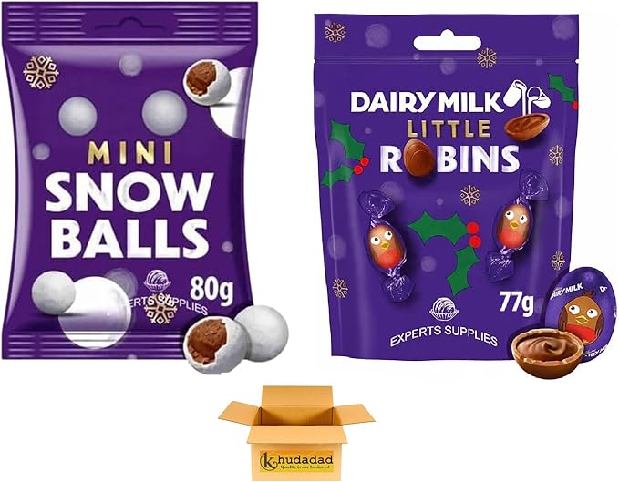 Dairy Milk Winter Wonderland Chocolate Bars 100g–110g | Mini Snowballs & Winter Wonderland Edition | Milk & White Chocolate | Christmas Sharing Treats (2x, Little Robins Bag)